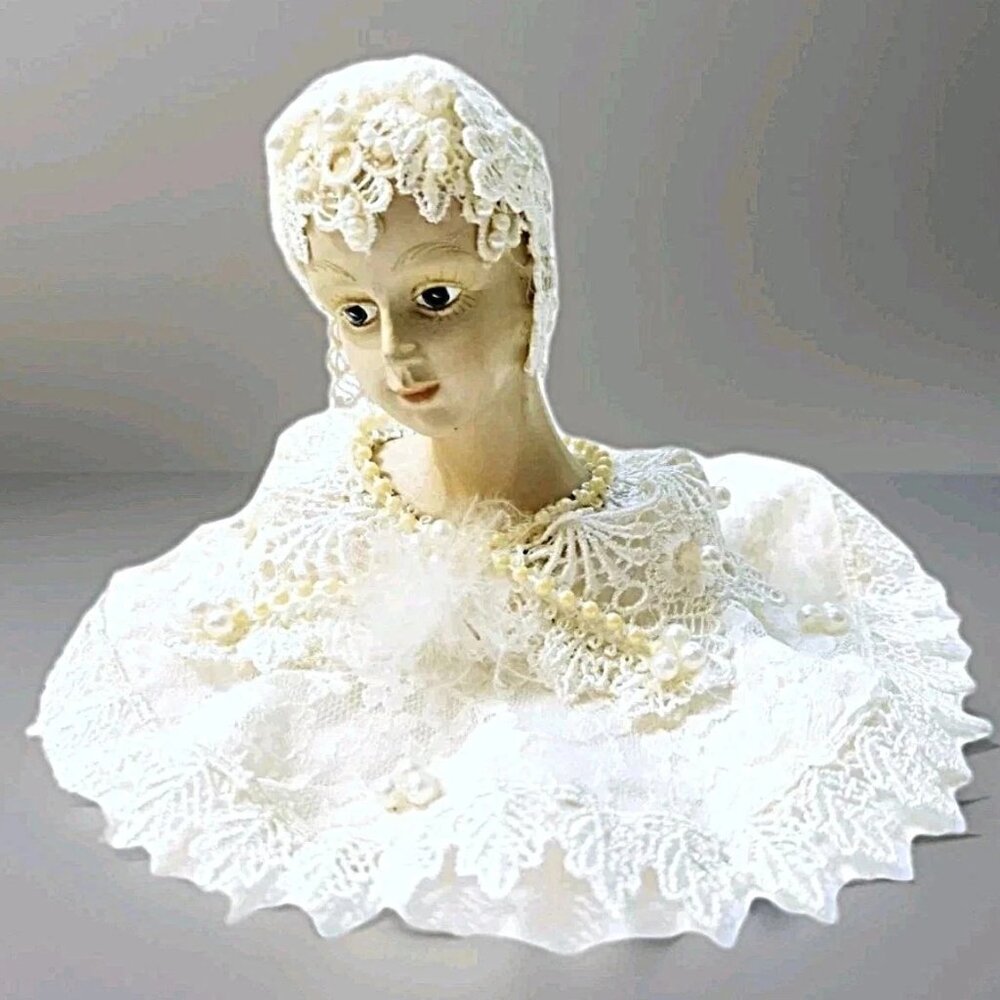 Vintage Victorian Bisque Porcelain Doll Head Christmas Ornament Lace Pearls 6"